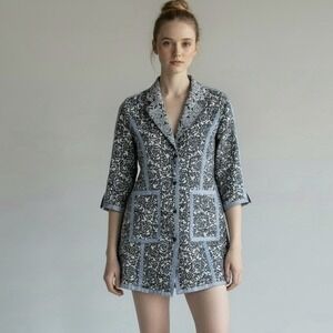 Yansi Fugel Small Black White Floral Jacquard Blazer 3/4 Sleeve Jacket